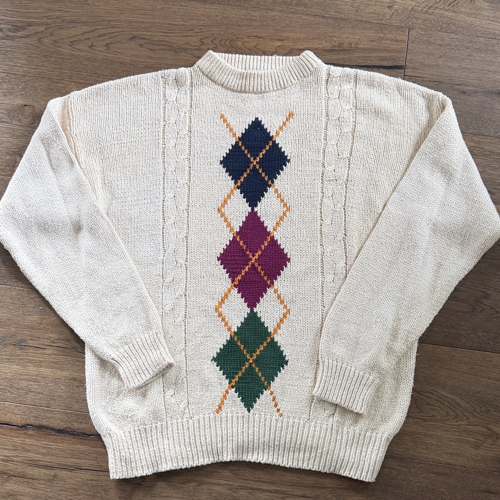 Winter Silks silk cotton blend crewneck argyle sweater vintage size XL